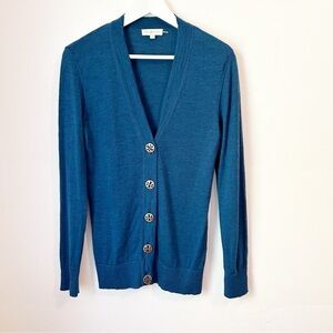 Tory Burch Teal Simone Cardigan 100% Merino Wool Gold Buttons - Size M